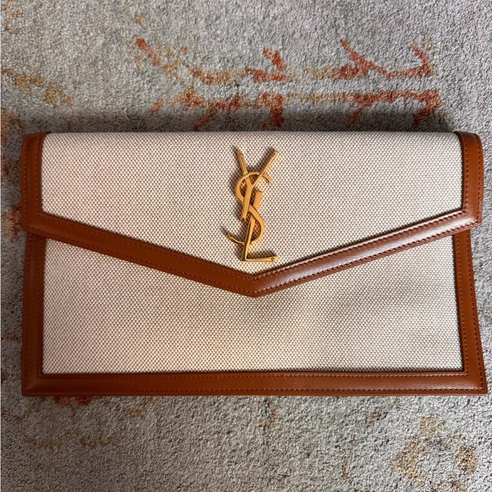 Saint Laurent Uptown Pouch Clutch Canvas & Smooth Leather YSL Envelope Beige Bro